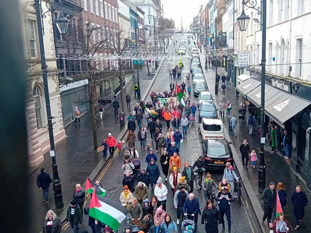 Thousands participate in Derry rally for Palestine calling for a ceasefire in Gaza on January 13, 2024