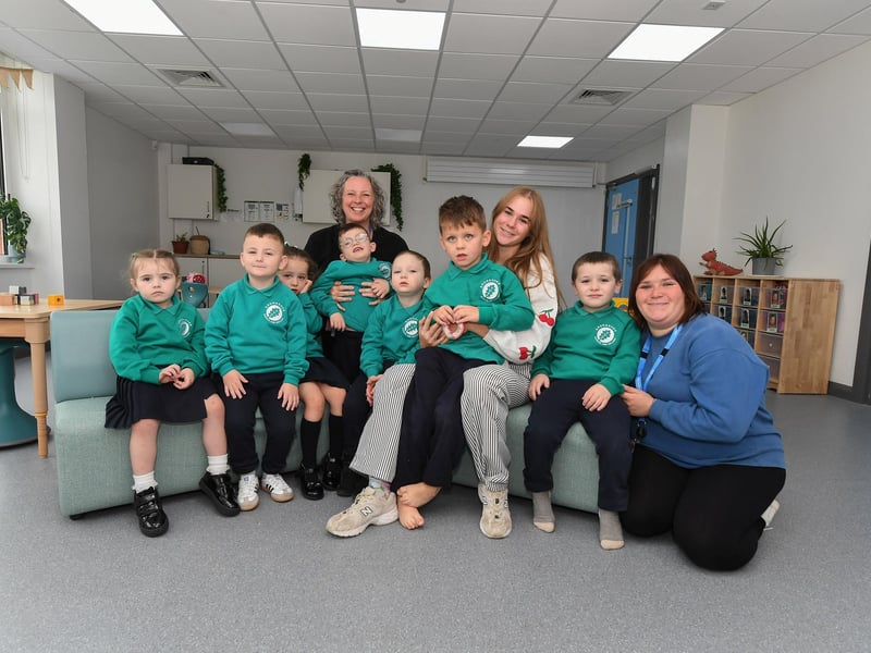 Mrs Edwards with her P1 class and assistants at Ardnashee School.