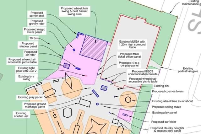 Part of the plan for project, with the grey area representing the existing playground and basketball court. The pink part is the new area, and new pieces will be added to the existing site also.