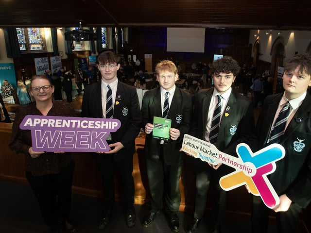 Students from St. Columb's College pictured at Thurday's DCSDC's Apprenticeship Fair in the Guildhall, Derry.
