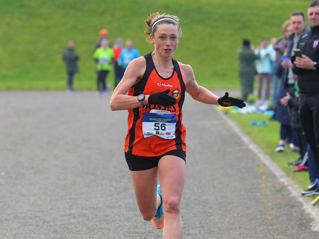 Helen McCready, Rosses AC, first female to finish in time of 1 hour and 45 seconds. Photo: George Sweeney