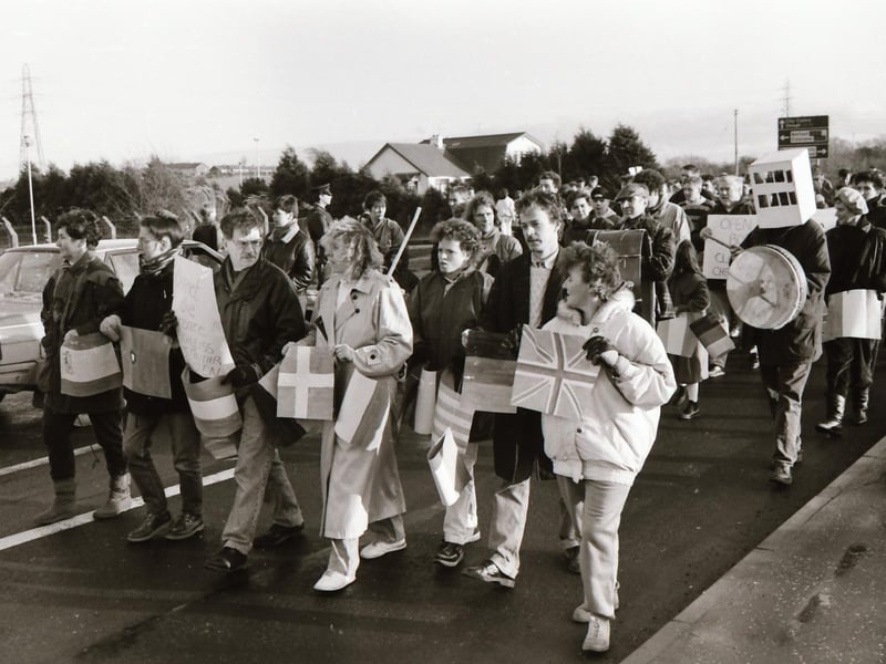 Protesters on Buncrana Road at a Faulty Towers cross-border protest over checkpoints and security force towers in 1993.