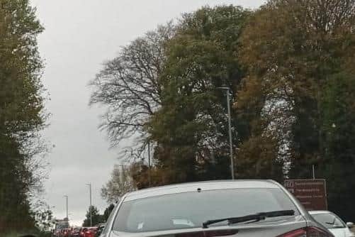 Tailbacks at the temporary traffic lights in Culmore this afternoon.