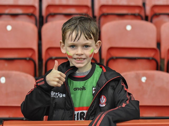 Young fan in Celtic Park, on Sunday afternoon, for the Derry Junior Football Championship Final between Doire Trasna and Slaughtmanus. Photo: George Sweeney