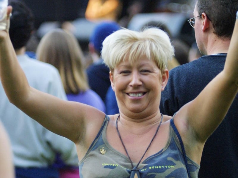 Cheers to Bryan Adams.....Strabane Bryan Adams fan Nora Duffy celebrates his arrival on stage.(2808JB18)