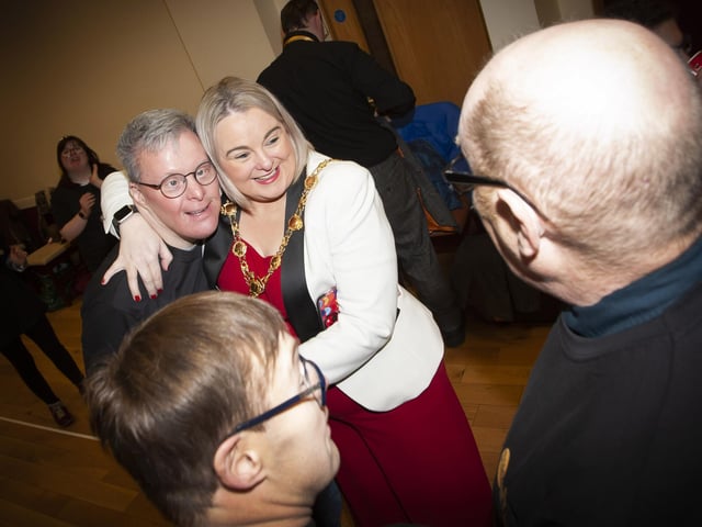 A warm reception for the Mayor Sandra Duffy on her arrival at the Stage Beyond Theatre Company in the Millennium Forum on Monday morning.