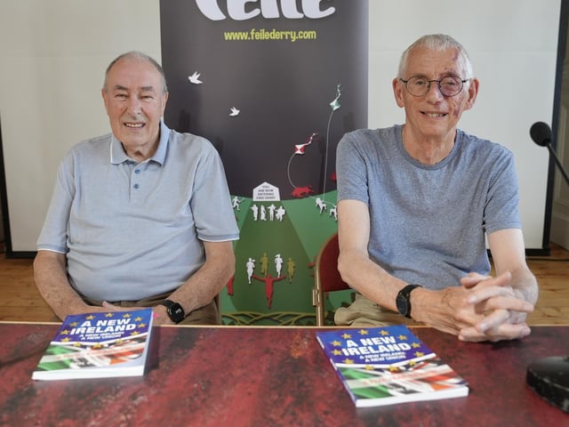 Mitchel McLaughlin and Paul Gosling during a discussion of Mr. Gosling's book 'A New Ireland - Five Year Review'.