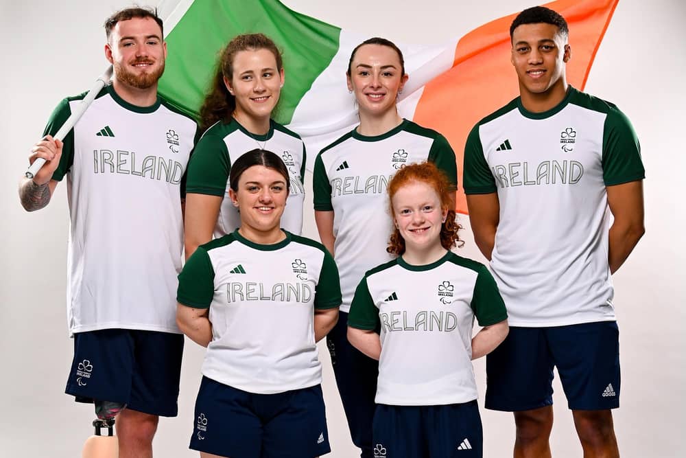 Feeney swimmer Dearbhaile Brady (front row, right) with the first members of Team Ireland named for the Paris 2024. Photo by Ramsey Cardy/Sportsfile