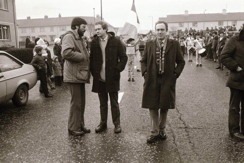Gerry Adams, Martin McGuinness and Danny Morrison in Linsfort Drive as the Bloody Sunday march formed up in January 1984.