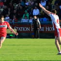 Derry's Tadhg Bradley attempts  a shot under pressure from Tyrone's Aodhan during the Ulster Final in Letterkenny  (Photo - Tom Heaney, nwpresspics).
