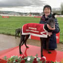 Tote S2/S3 325 Sweepstake Final at Lifford on Sunday was won by 'Izzies Angie' in 17.57, pictured with Ann Breslin.