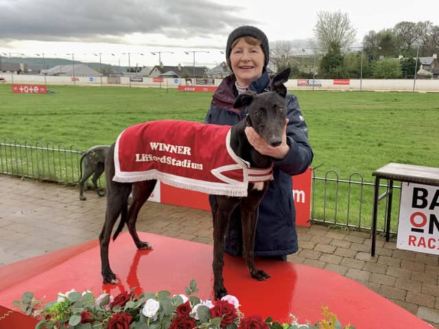Tote S2/S3 325 Sweepstake Final at Lifford on Sunday was won by 'Izzies Angie' in 17.57, pictured with Ann Breslin.