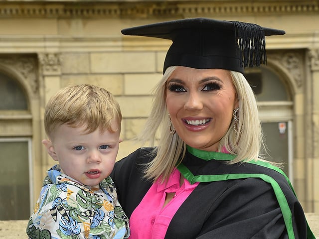 Graduate Shauna Cronyn and two year old Ben from Enniskillen. Shauna graduated in social work pictured in Derry at the Millennium Forum. Picture By: Arthur Allison/Pacemaker Press.