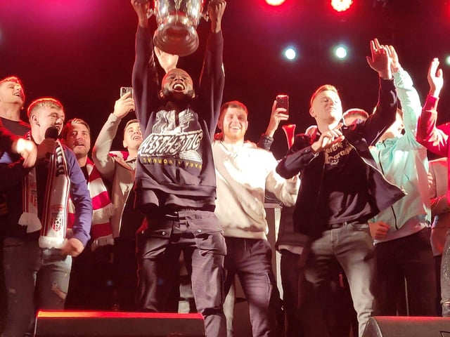 Derry City players' huge welcome home to the Guildhall Square after their FAI Cup Final win.
