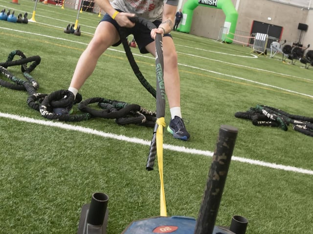 Jay Friars gets to grip with the rope pull on Sunday.