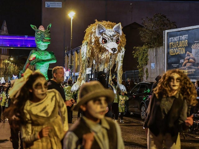 Derry’s ‘City of the Bones’ Halloween carnival parade makes its way along Strand Road on Friday evening.  Photo: George Sweeney