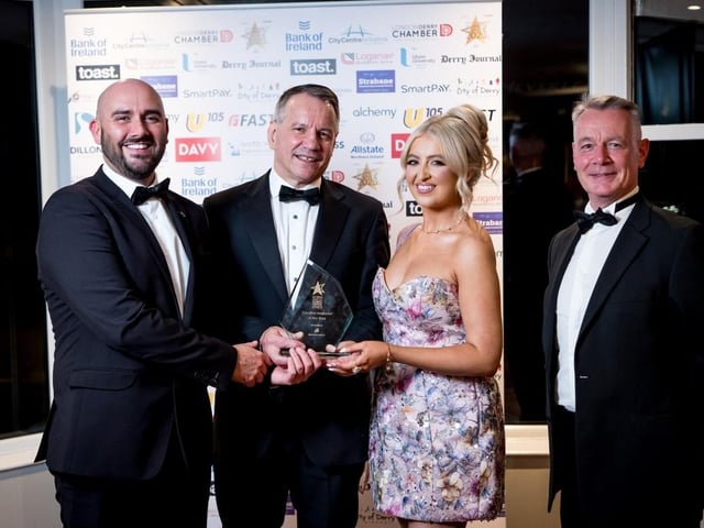 Winners of the Creative Marketer of The Year, Foyleside Shopping Centre, pictured with Hugh Hegarty, Chair of City Centre Initiative; Steven Lindsay, Vice President of Londonderry Chamber of Commerce who presented the Award on behalf of BHP Security Services who sponsored the award.