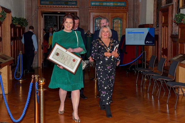 Lisa McGee, creator of Derry Girls, who was conferred with the Freedom of Derry City and Strabane by councillors yesterday evening pictured with Mayor Sandra Duffy in the Guildhall. Photo: George Sweeney. DER2249GS – 03