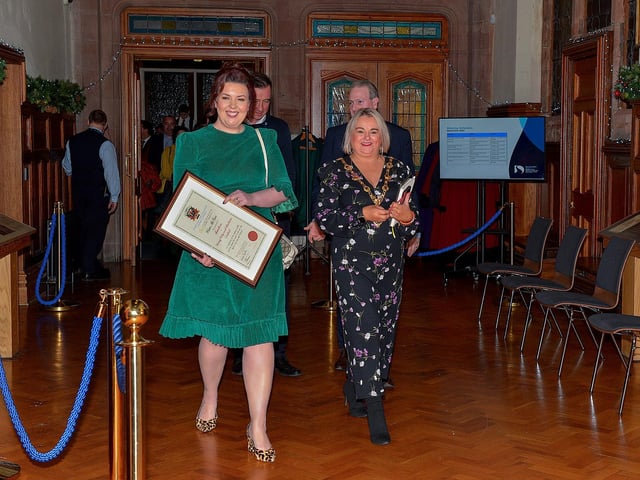 Lisa McGee, creator of Derry Girls, who was conferred with the Freedom of Derry City and Strabane by councillors yesterday evening pictured with Mayor Sandra Duffy in the Guildhall. Photo: George Sweeney. DER2249GS – 03