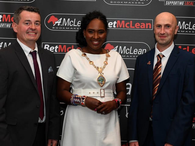 Mayor Lilian Seenoi Barr pictured with John Gallagher, from principal sponsor BetMcLean and Brendan McDaid, Editor of the Derry Journal. Photo: George Sweeney