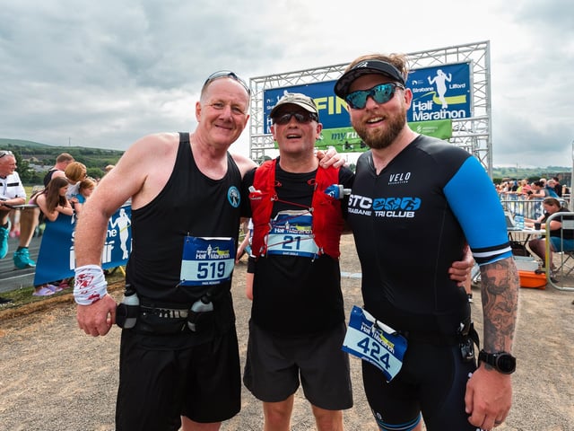 Paul McNamee, Gary Bogle and John McDermott pictured at the finish line. (Photo: Karol McGonigle)