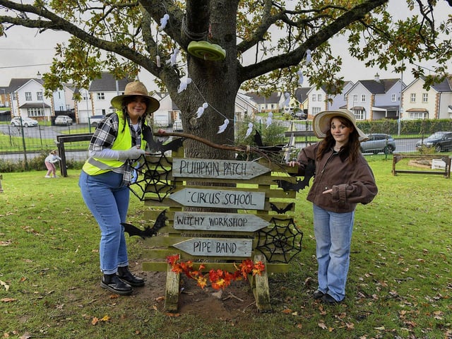 Janine Hyndman and Nora Tuck pictured at the Autumn Festival with Pumpkin Patch at St Columba’s Primary School, Newbuildings, on Saturday afternoon last. Photo: George Sweeney
