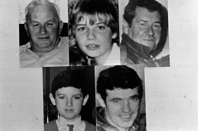 The five victims of the Sean Graham Bookmakers massacre. From left, top left to bottom right, Jack Duffin, Peter Magee, William McManus, James Kennedy and Christy Doherty.