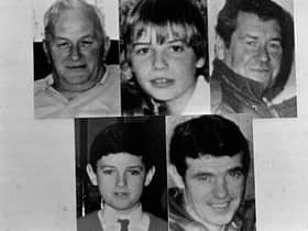 The five victims of the Sean Graham Bookmakers massacre. From left, top left to bottom right, Jack Duffin, Peter Magee, William McManus, James Kennedy and Christy Doherty.