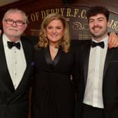 Pictured at the City of Derry Rugby Club’s annual dinner on Friday evening last Jim Neilly MBE, Guest Speaker and BBC Sports Commentator, Diane Nixon, City of Derry RFC President and Club captain Alex McDonnell. Photo: George Sweeney. DER2310GS – 40