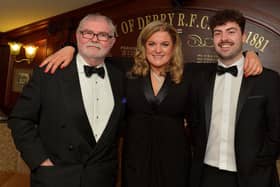 Pictured at the City of Derry Rugby Club’s annual dinner on Friday evening last Jim Neilly MBE, Guest Speaker and BBC Sports Commentator, Diane Nixon, City of Derry RFC President and Club captain Alex McDonnell. Photo: George Sweeney. DER2310GS – 40