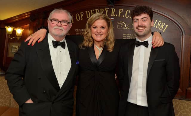 Pictured at the City of Derry Rugby Club’s annual dinner on Friday evening last Jim Neilly MBE, Guest Speaker and BBC Sports Commentator, Diane Nixon, City of Derry RFC President and Club captain Alex McDonnell. Photo: George Sweeney. DER2310GS – 40