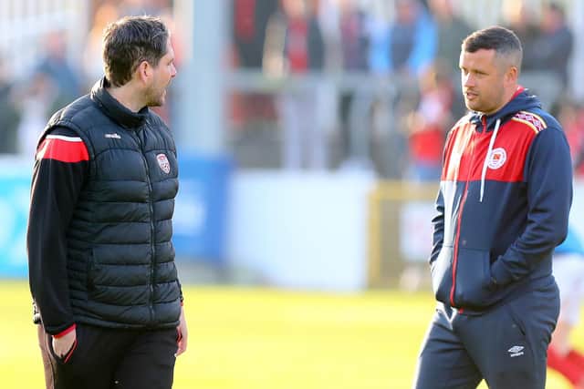 Derry City boss Ruaidhri Higgins and former St Pat's manager Tim Clancy who left the Dublin club this week by mutual consent.