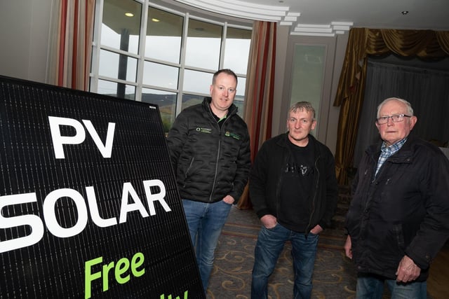 Christy Lynch, EHP Renewables, Roy McNutt and Vincent McLaughlin  at the Inishowen Co-Operative Society’s Renewable Energy information evening for farmers in the Inishowen Gateway Hotel.  Photo Clive Wasson.