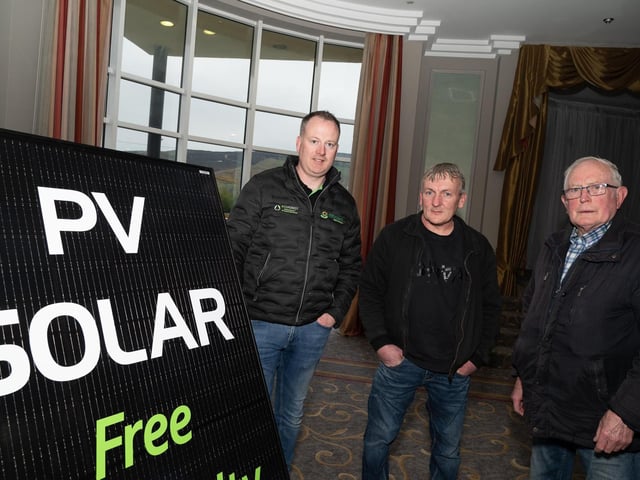 Christy Lynch, EHP Renewables, Roy McNutt and Vincent McLaughlin  at the Inishowen Co-Operative Society’s Renewable Energy information evening for farmers in the Inishowen Gateway Hotel.  Photo Clive Wasson.
