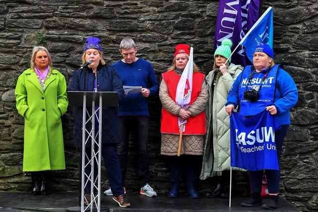 Mayor Sandra Duffy and Niall McCarroll, Chair of Derry Trades Union Council, supporting teachers' unions strike rally in Guildhall Square on Tuesday morning. Photo: George Sweeney. DER2308GS 61