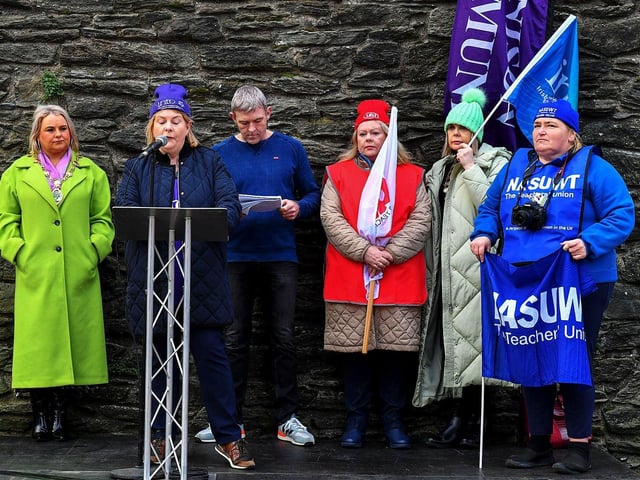 Mayor Sandra Duffy and Niall McCarroll, Chair of Derry Trades Union Council, supporting teachers' unions strike rally in Guildhall Square on Tuesday morning. Photo: George Sweeney. DER2308GS 61