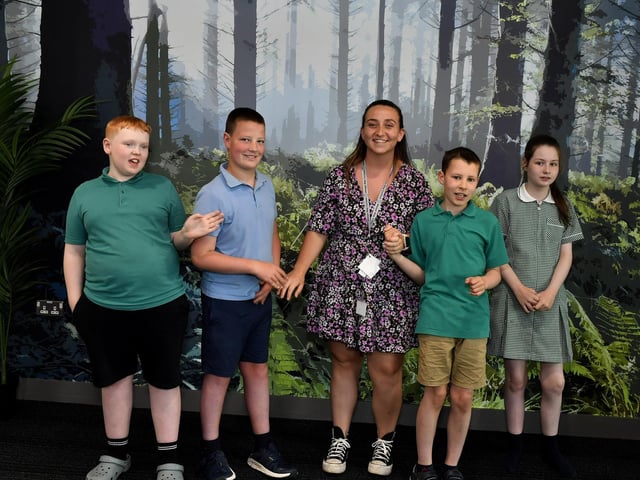 Miss Coyle with her P7 pupils at Ardnashee Academy, Northland Road.
