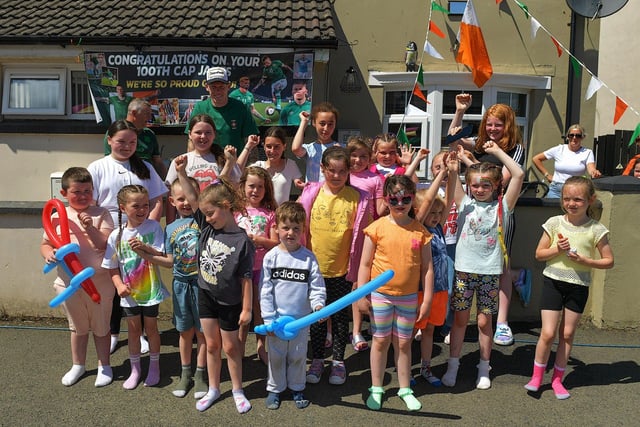 Young fans pictured with James McClean during a street party held in Creggan Heights, on Saturday afternoon, to celebrate James winning his 100th international cap for the Republic of Ireland. Photo: George Sweeney. DER2325GS - 98