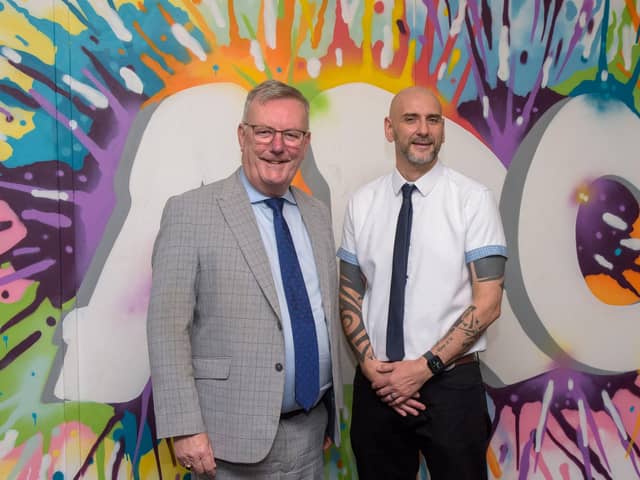 Health Minister Mike Nesbitt visited Gary Rutherford and his team at ARC Fitness on  Tuesday where he heard from a service user and Gary about the vital work and help the organisation provides to people and their families who are dealing with addiction. The Minister announced funding worth £200,000 to help secure the future for the much needed service. Picture Martin McKeown. 09.07.24