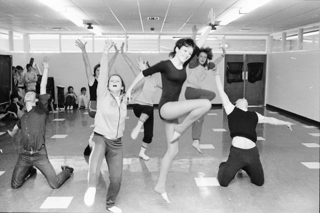 Some young people giving a spectacular display of dancing for 'Talkback' at the Templemore Sports Complex in October 1982. Their tutor is Marie Mannon, from Belfast.
