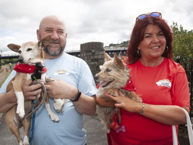 Martin and Linda Devlin-McAllister with ‘Floyd and Roxy’ before Saturday’s ‘Paws for Thought’ walk.
