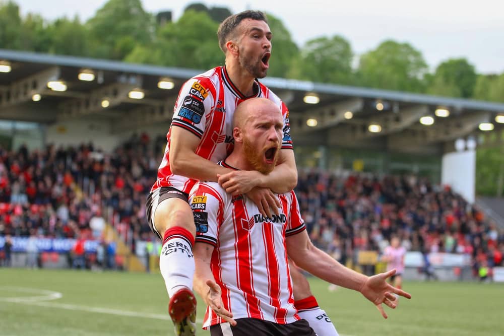 Liam Boyce, celebrating his first goal for Derry with Michael Duffy, is loving life at Brandywell.