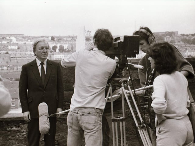 Former Taoiseach Charlie Haughey with John Hume on a visit to Derry and Ballyliffin and being filmed for a Channel 4 TV series.