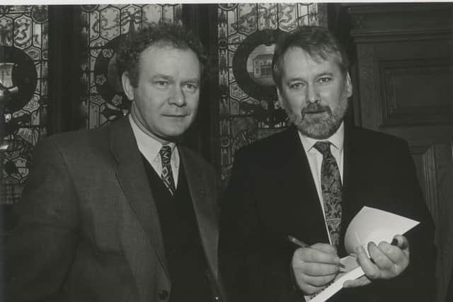 All politics is local - Martin McGuinness takes time out from his day job as Sinn Féin negotiator in the all-party talks at Stormont to attend the launch of Pat McArt's Irish Almanac of Facts at the Guildhall in the 1990s.