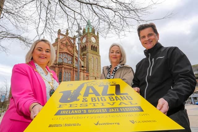 The Mayor of Derry and Strabane, Councillor Sandra Duffy, Andrea Campbell, Events co-ordinator, Derry City and Strabane Council and Martin Venning, Key Account Executive, Diageo pictured at the launch of the City of Derry Jazz Festival 2023.