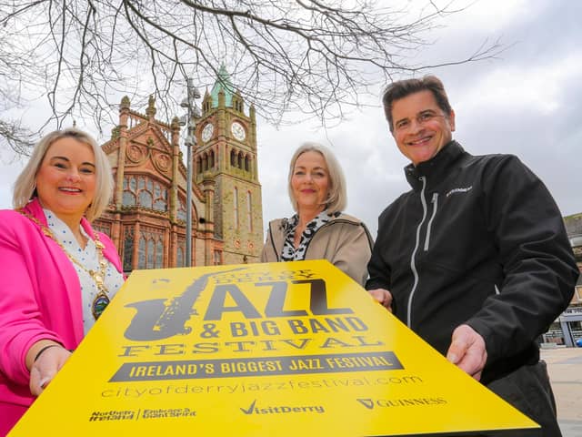 The Mayor of Derry and Strabane, Councillor Sandra Duffy, Andrea Campbell, Events co-ordinator, Derry City and Strabane Council and Martin Venning, Key Account Executive, Diageo pictured at the launch of the City of Derry Jazz Festival 2023.