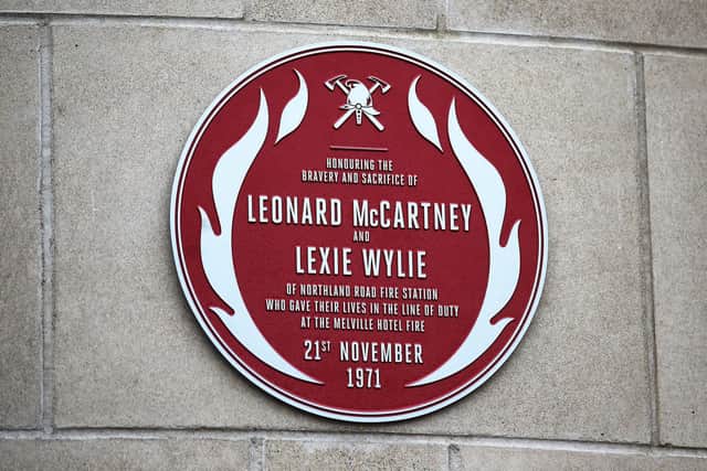 Red Plaque Unveiling in Memory of Leading Fireman Leonard McCartney and Leading Fireman Lexie Wylie who lost their lives in the line of duty at the Meville Hotel Fire on November 21st, 1971.