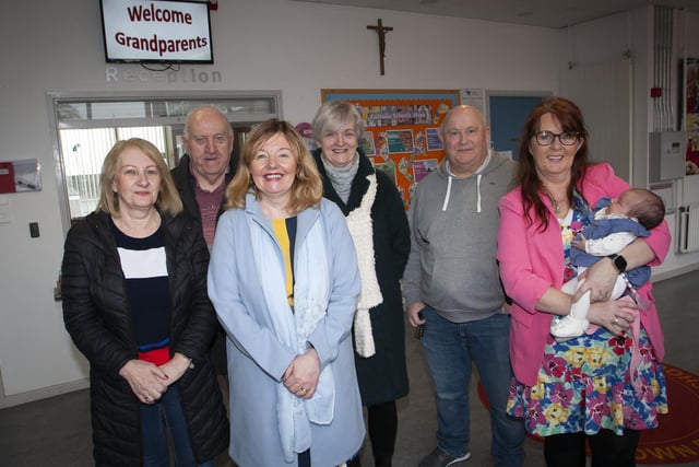 Mrs. Siobhan Gillen, Principal, Steelstown PS, pictured on Wednesday morning with some of the grandparents who attended the ‘Grandparents To School Day’. (Photos: Jim McCafferty Photography)