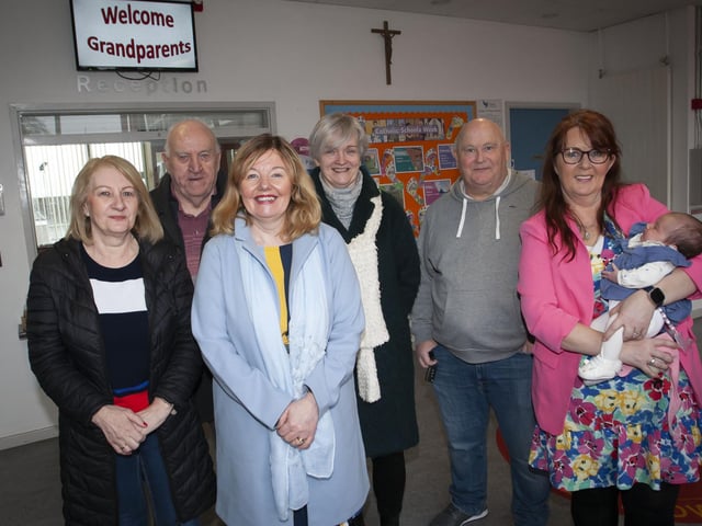 Mrs. Siobhan Gillen, Principal, Steelstown PS, pictured on Wednesday morning with some of the grandparents who attended the ‘Grandparents To School Day’. (Photos: Jim McCafferty Photography)