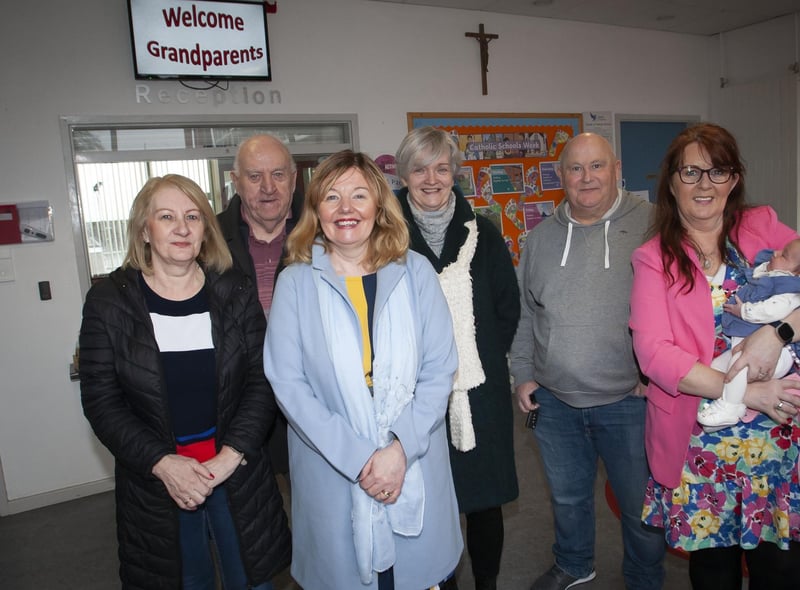 Mrs. Siobhan Gillen, Principal, Steelstown PS, pictured on Wednesday morning with some of the grandparents who attended the ‘Grandparents To School Day’. (Photos: Jim McCafferty Photography)